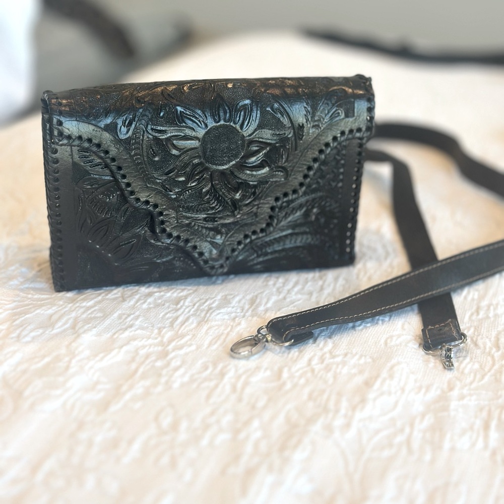 Tooled black leather Clutch/crossbody